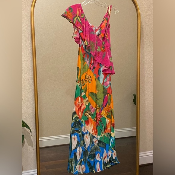 FARM Rio Mixed Flowery Ruffle One Shoulder Midi Dress Size M - Picture 11 of 16
